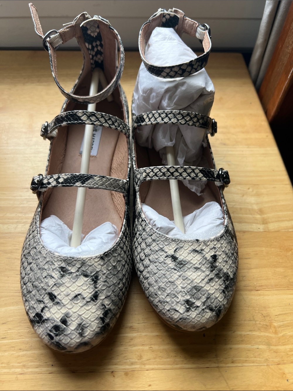 Steve Madden Snake-Print Mary Jane Flats in Cream and Black